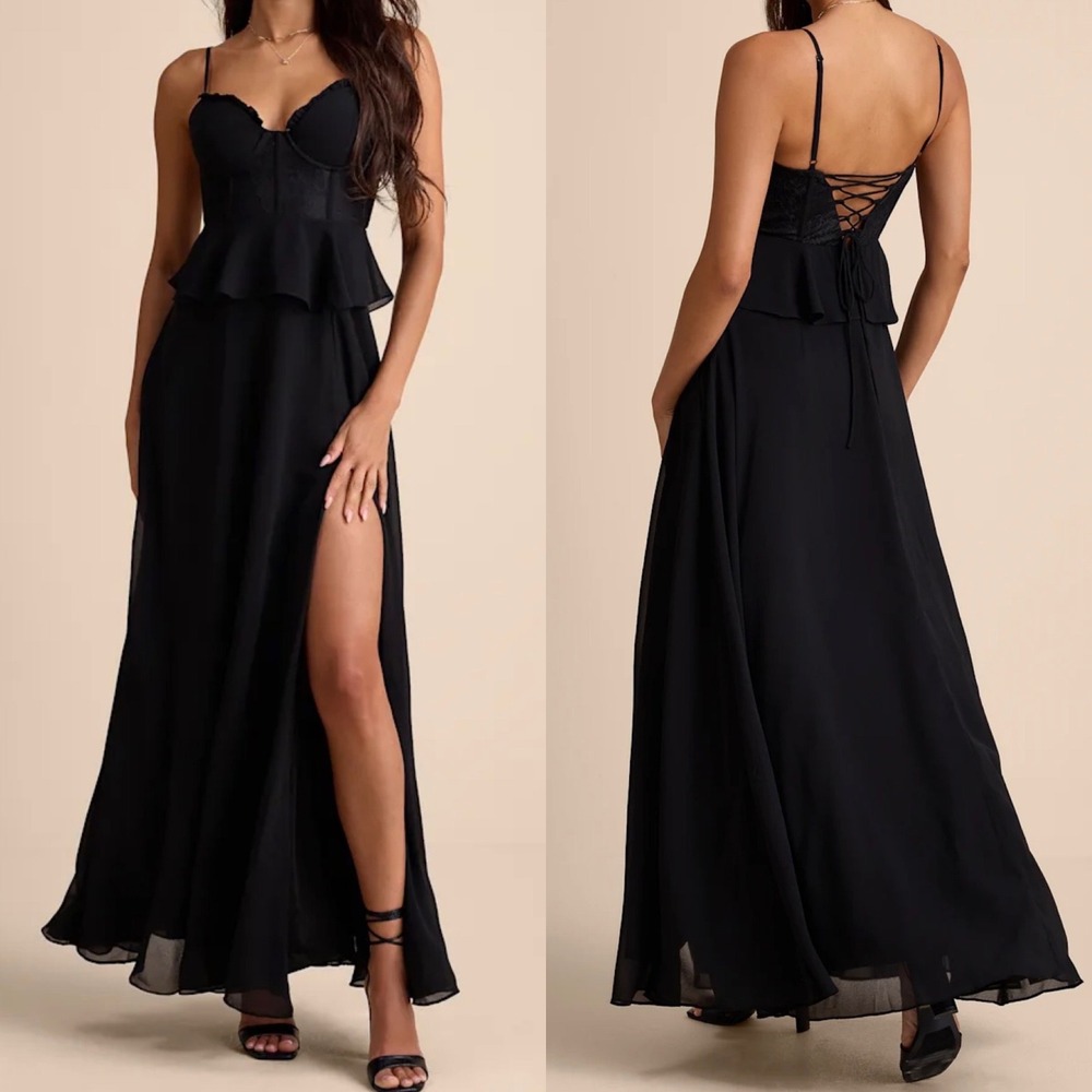 NWOT Lulus Size Medium Elegant Silhouette Black Lace Bustier Peplum Maxi Dress